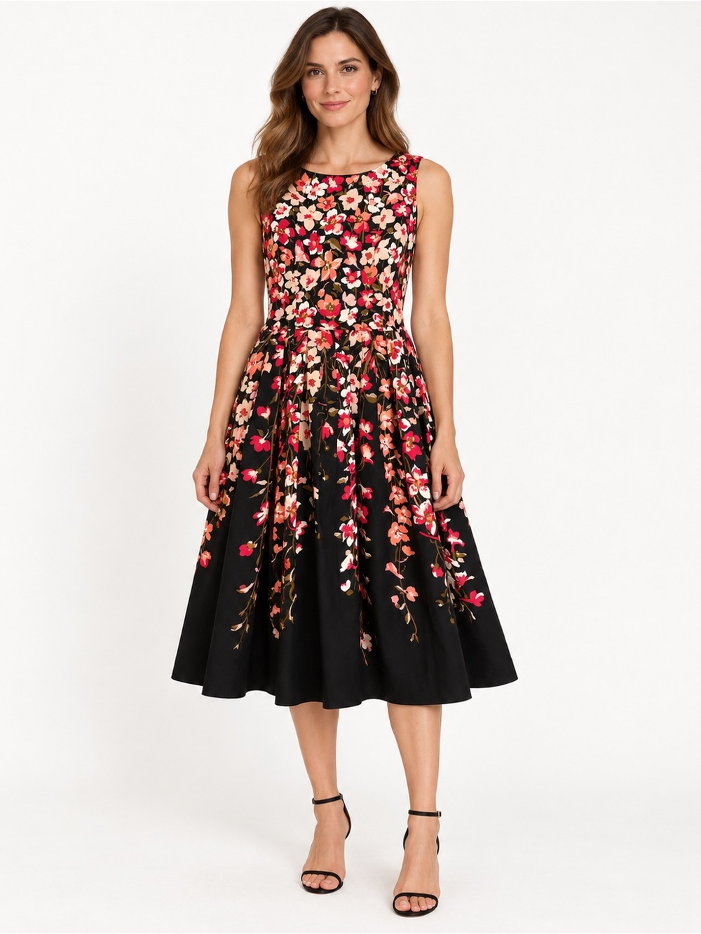 Talbots Size 8 Black Pink Floral Pleated Fit & Flare Midi Dress Lined